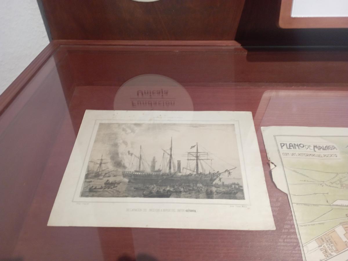 Uno de los grabados del naufragio del vapor Génova en el Puerto de Málaga en 1859, obra del malagueño José Vallejo. En el Archivo Díaz de Escovar.