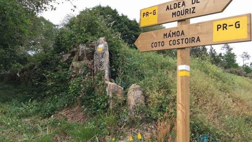 Las líneas en una señal y en una piedra en el camino.