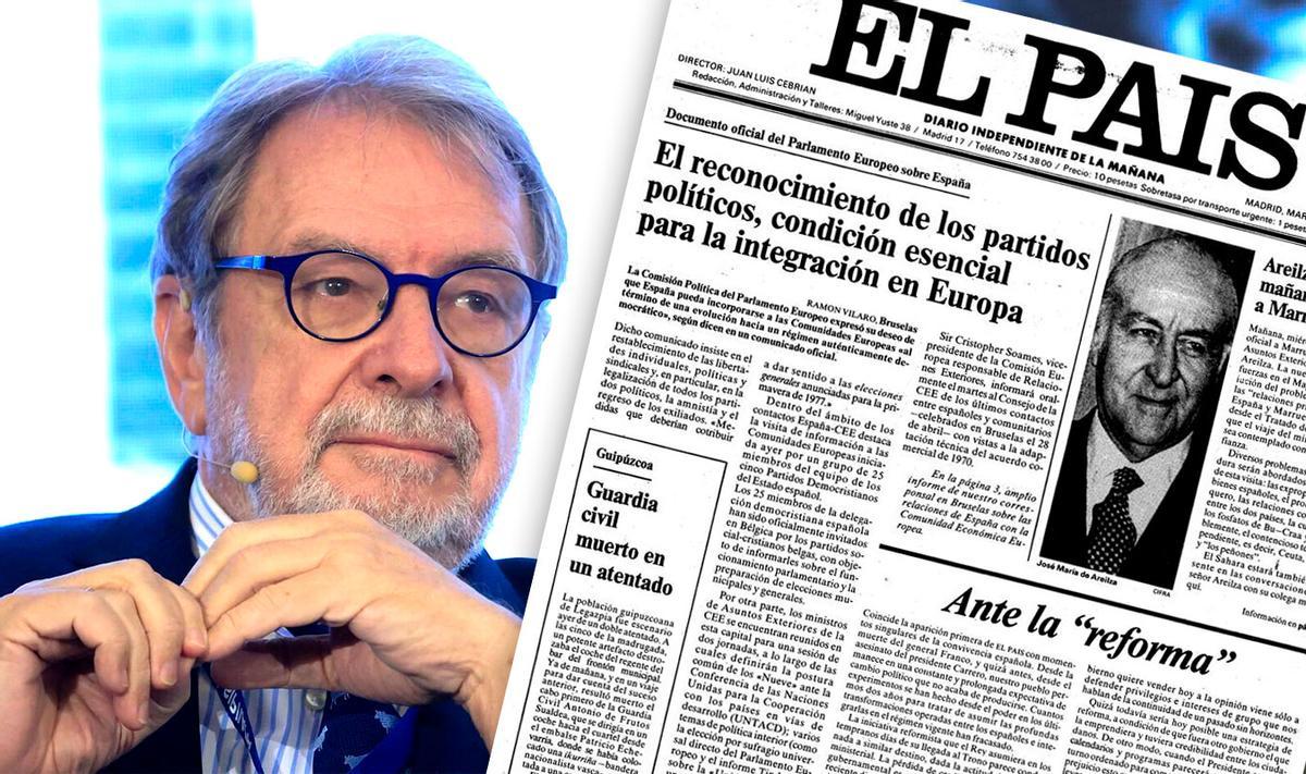 Juan Luis Cebrián junto aal primer número de El País.