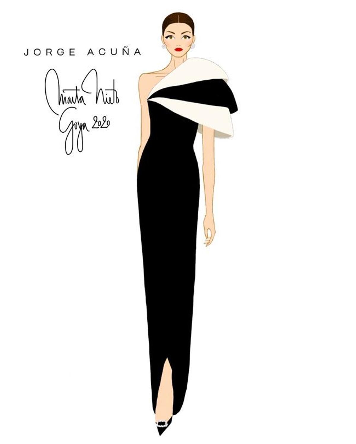 Boceto de Marta Nieto con vestido de Jorge Acuña en los Premios Goya 2020