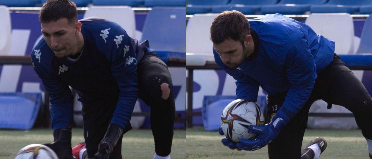 Adri López y Jesús Fernández, durante el entrenamiento de ayer en el Rico Pérez.