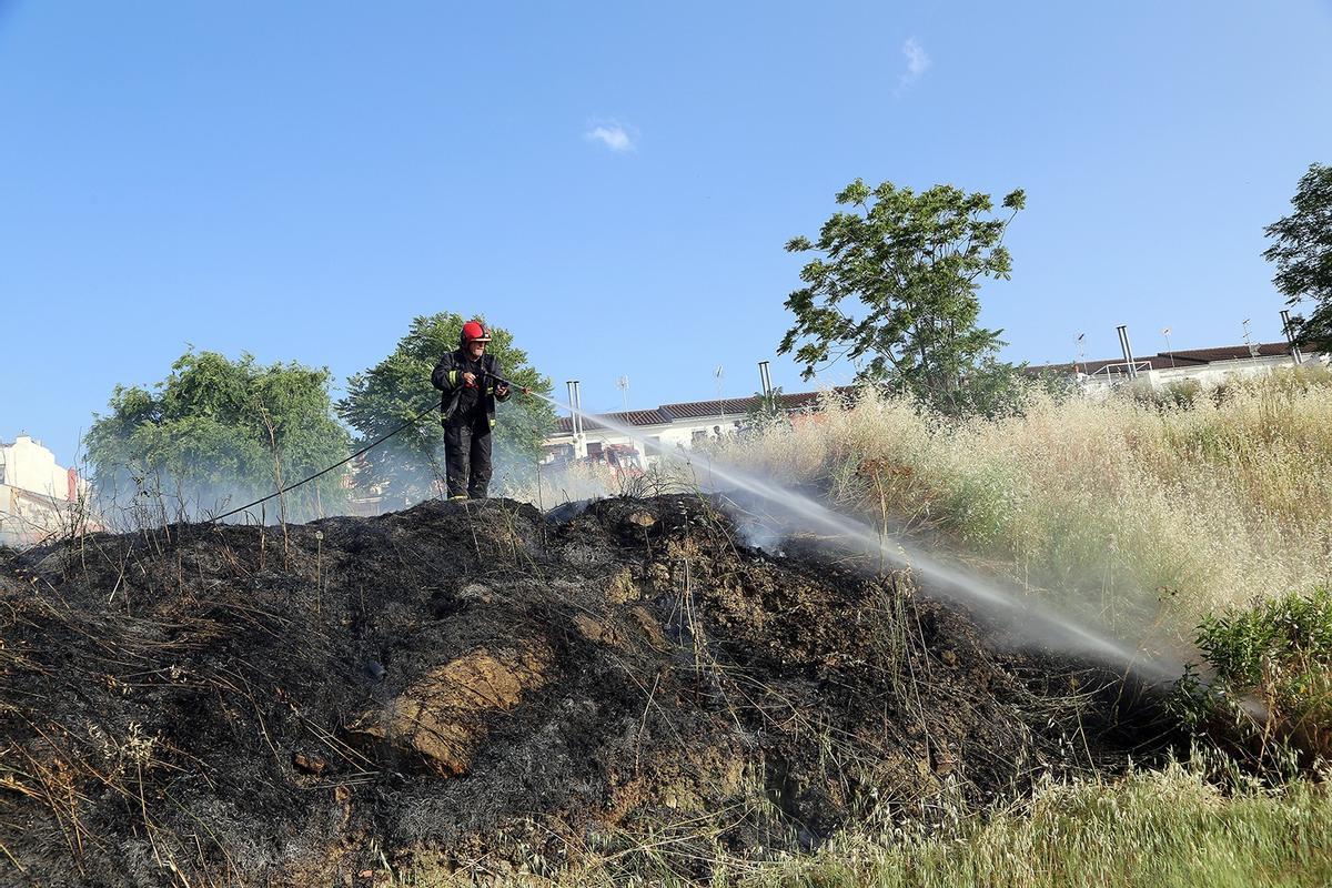 Un bombero del Parque de Montilla sofoca un incendio en un solar de la Cañada del Madroño.