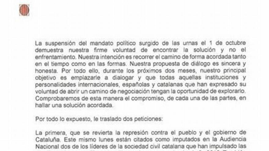 Esta es la carta de respuesta de Puigdemont al requerimiento de Rajoy