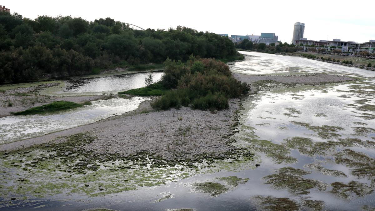 El Ebro, a su paso por Zaragoza, sin agua por la falta de lluvia.