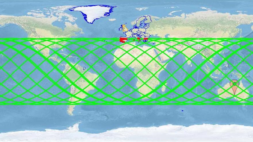 Las posibles ubicaciones de reingreso se encuentran en cualquier lugar a lo largo de las líneas verdes. Las líneas rojas indican la parte de la trayectoria terrestre sobre los Estados miembros de la UE. Marcador: centro de la ventana de reingreso prevista.