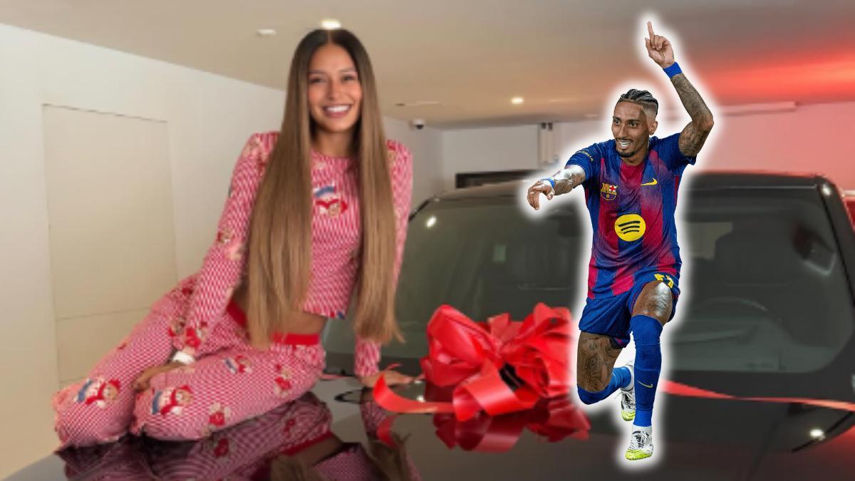 Raphinha sobrende a su esposa Taia con un espectacular coche.