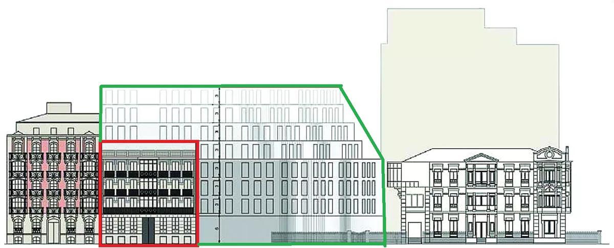 El nuevo edificio de Lagasca 4, rodeado en rojo, quedará totalmente rodeado por el nuevo, en verde.