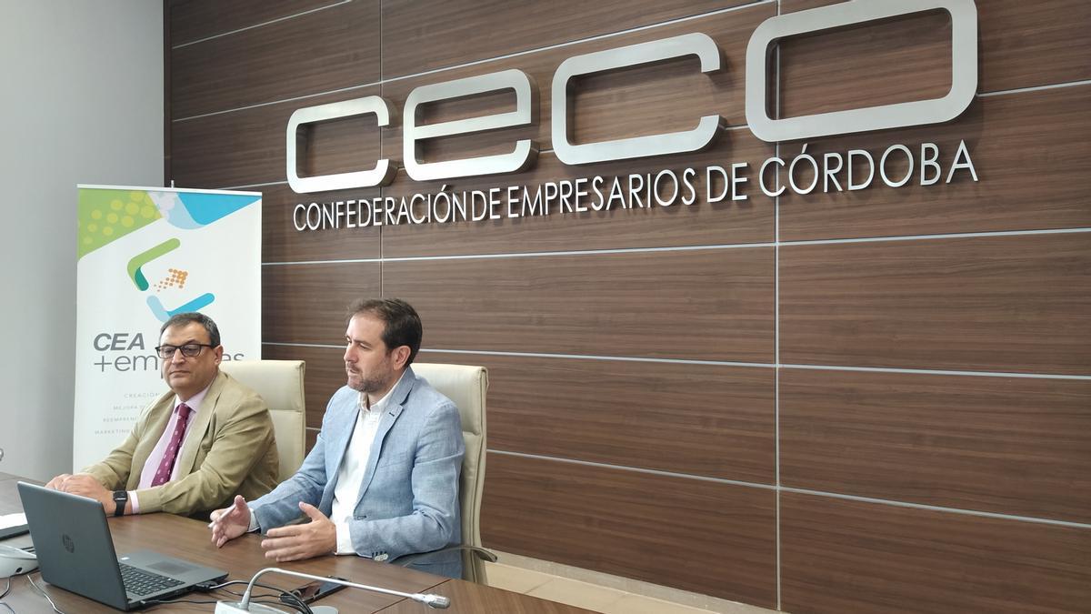 El secretario general de CECO, Joaquín Gisbert, y el director del centro de Prevención de Riesgos Laborales de Córdoba, José Antonio Leíva, durante el &#039;webinar&#039;.