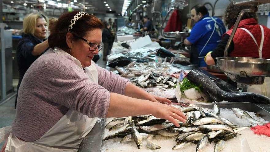 Una pescadera coloca sardinas en su puesto. // Víctor Echave