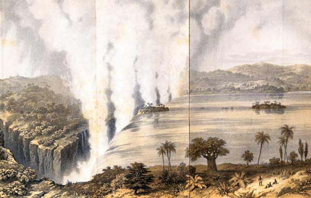 Ilustración publicada en el libro de Livingstone donde el misionero escocés narra su encuentro con las cataratas que bautizó como Victoria.