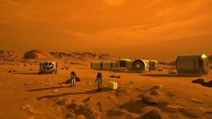 La ilustración muestra un asentamiento humano en Marte.