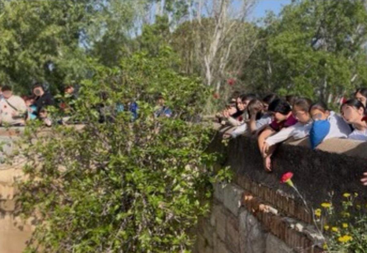 Lanzamiento de flores al agua por parte de los estudiantes.