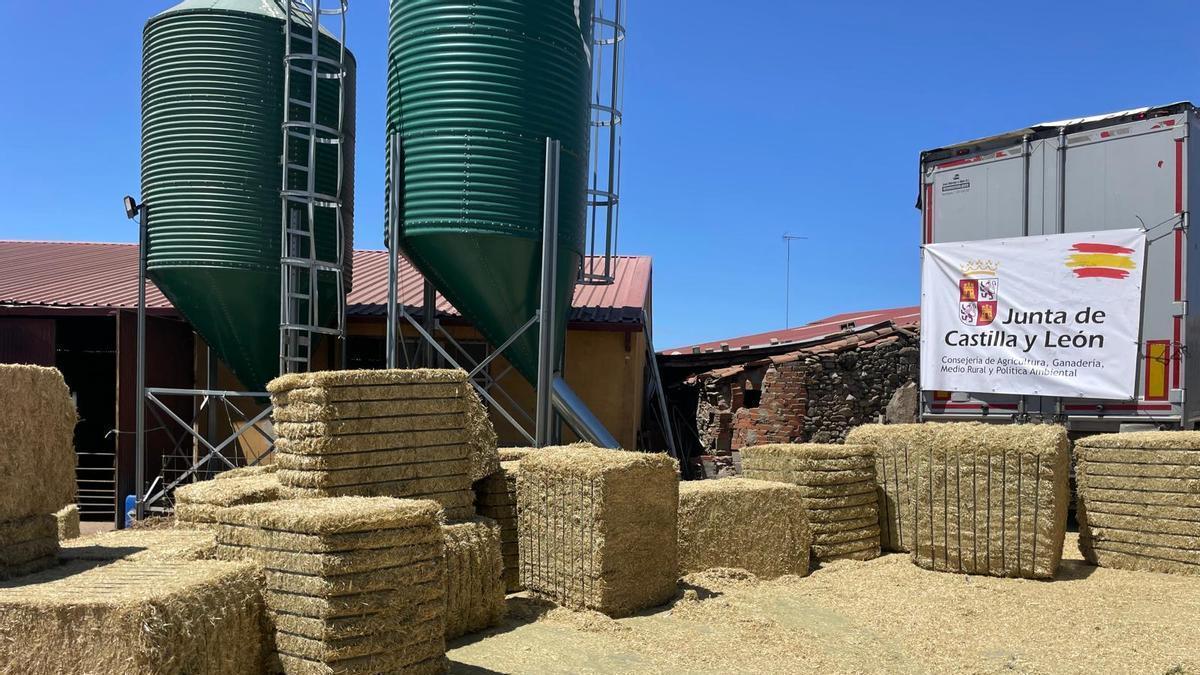 Pacas de paja descargadas en una de las explotaciones ganaderas de pueblos de Sayago.