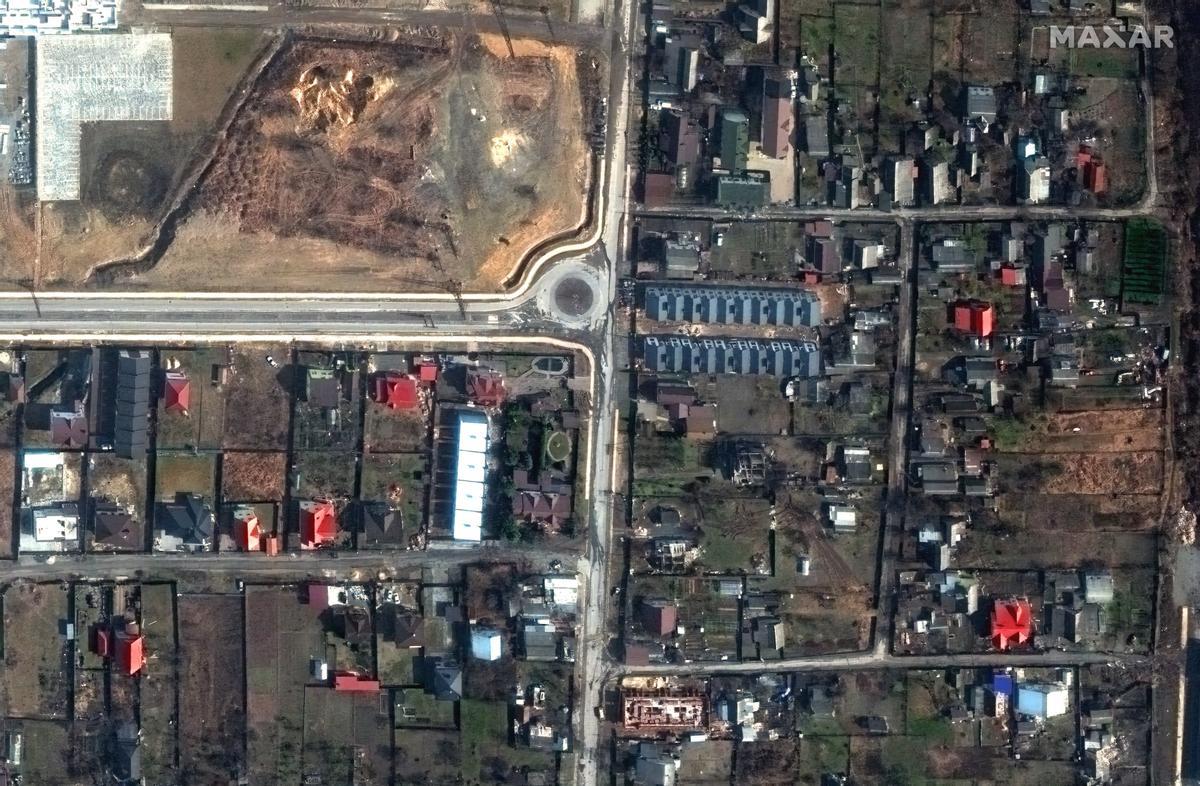 Satellite imagery of bodies of alleged civilians in the streets in Bucha, Ukraine