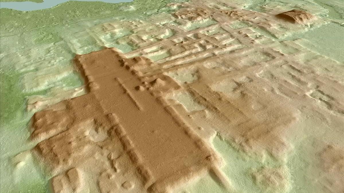 Recreación del monumento maya hallado en el yacimiento de Aguada Fenix