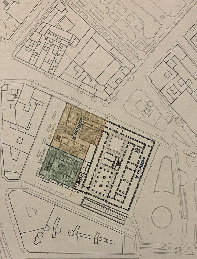 Plano con el espacio que ocuparán la Escuela Oficial de Idiomas (marrón) y el centro de salud Los Pinos (verde) en el ala derecha del gran edificio.