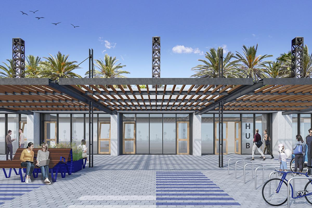 Nueva pérgola fotovoltaica del Balcó Gastronòmic del Port Olímpic que abastecerá de energía limpia la  zona de restauración.