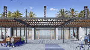 Nueva pérgola fotovoltaica del Balcó Gastronòmic del Port Olímpic que abastecerá de energía limpia la  zona de restauración.