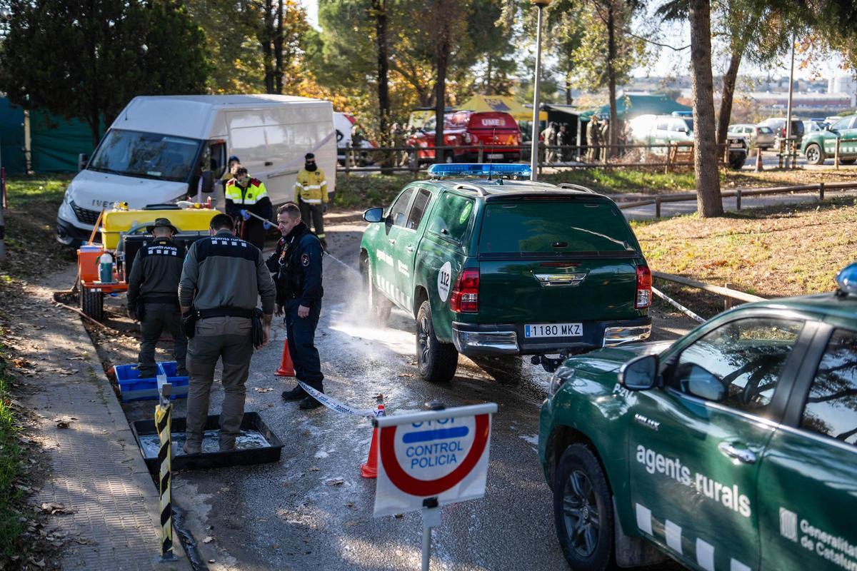 Efectivos de la UME y agentes rurales se reúnen en la zona declarada en cuarentena por la Peste Porcina Africana en Torreferrussa, antes de iniciar las tareas previstas.