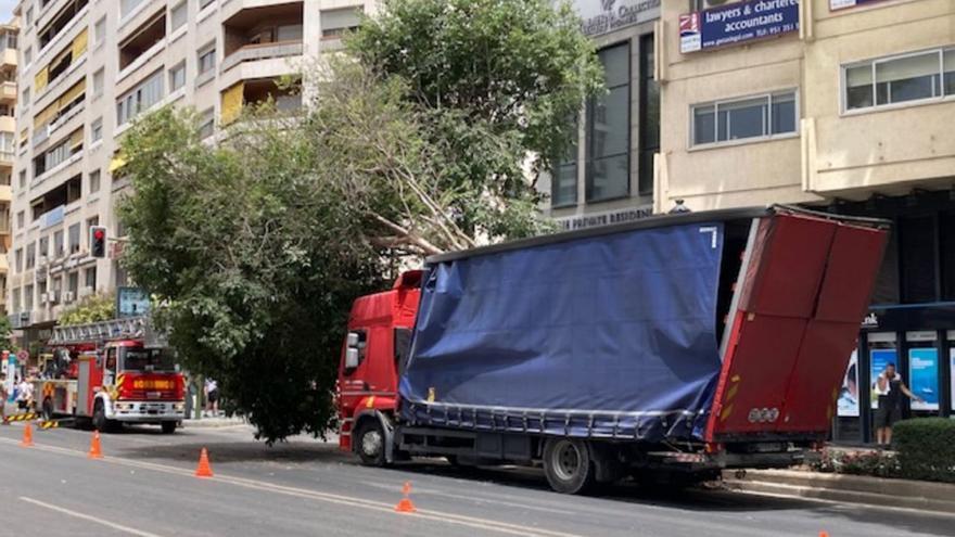 El vehículo de carga, ayer, tras colisionar con un árbol en la avenida Ricardo Soriano.