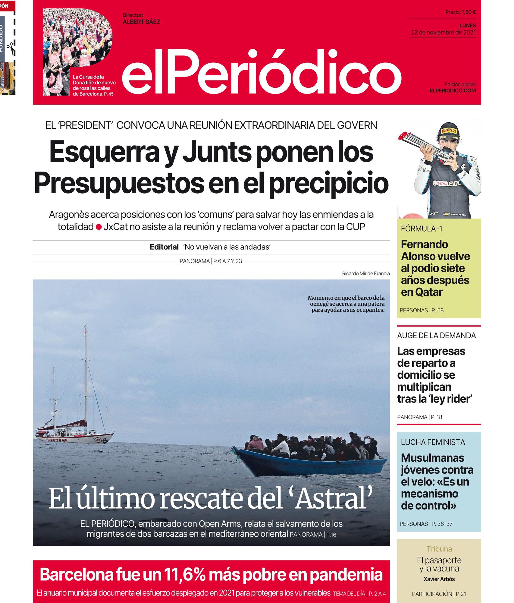 La portada de EL PERIÓDICO del 22 de noviembre del 2021