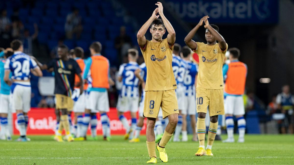 Pedri celebra el triunfo del FC Barcelona contra la Real Sociedad