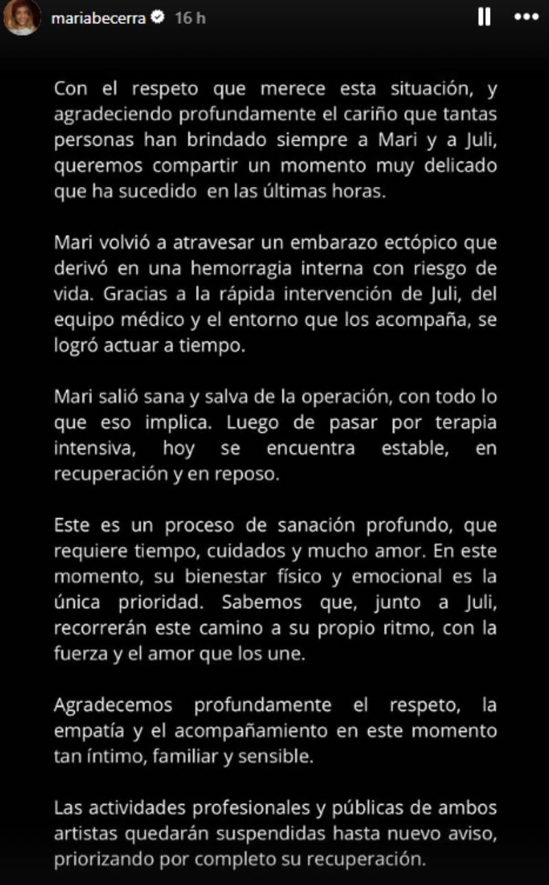 El comunicado con el que María Becerra quiere tranquilizar a sus seguidores