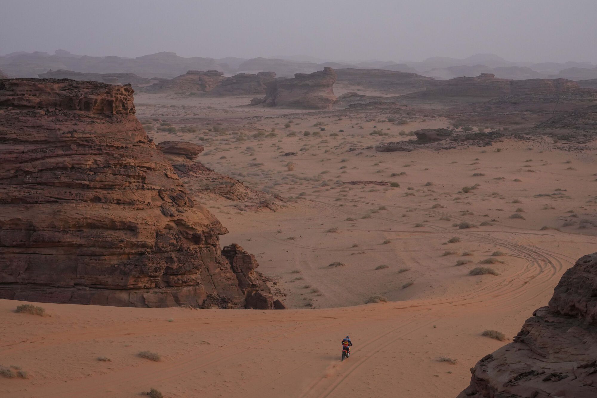 Rider Edgar Canet competes during the third stage of the Dakar Rally with a start and finish in Alula, Saudi Arabia, Tuesday, Jan. 6, 2026. (AP Photo/Thibault Camus)