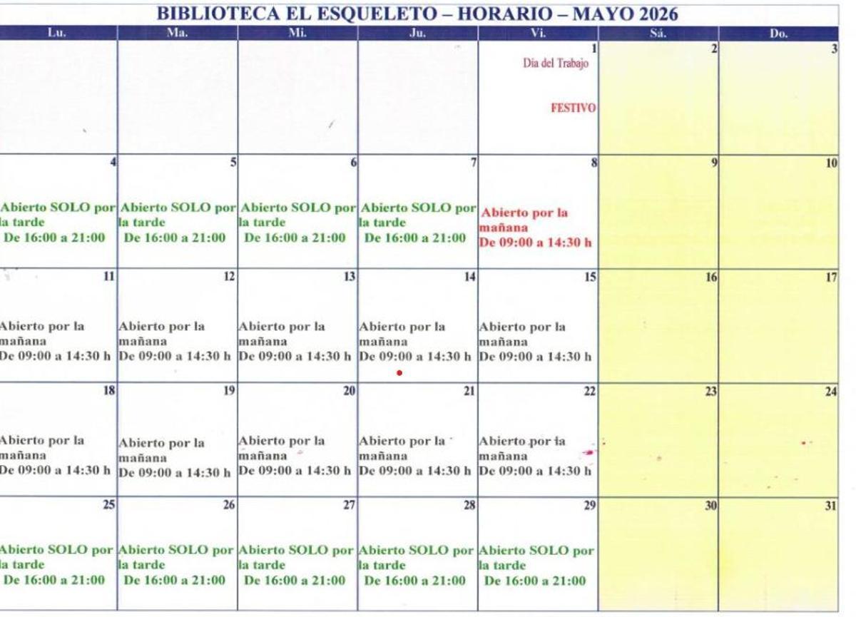 HORARIOS BIBLIOTECA EL ESQUELETO