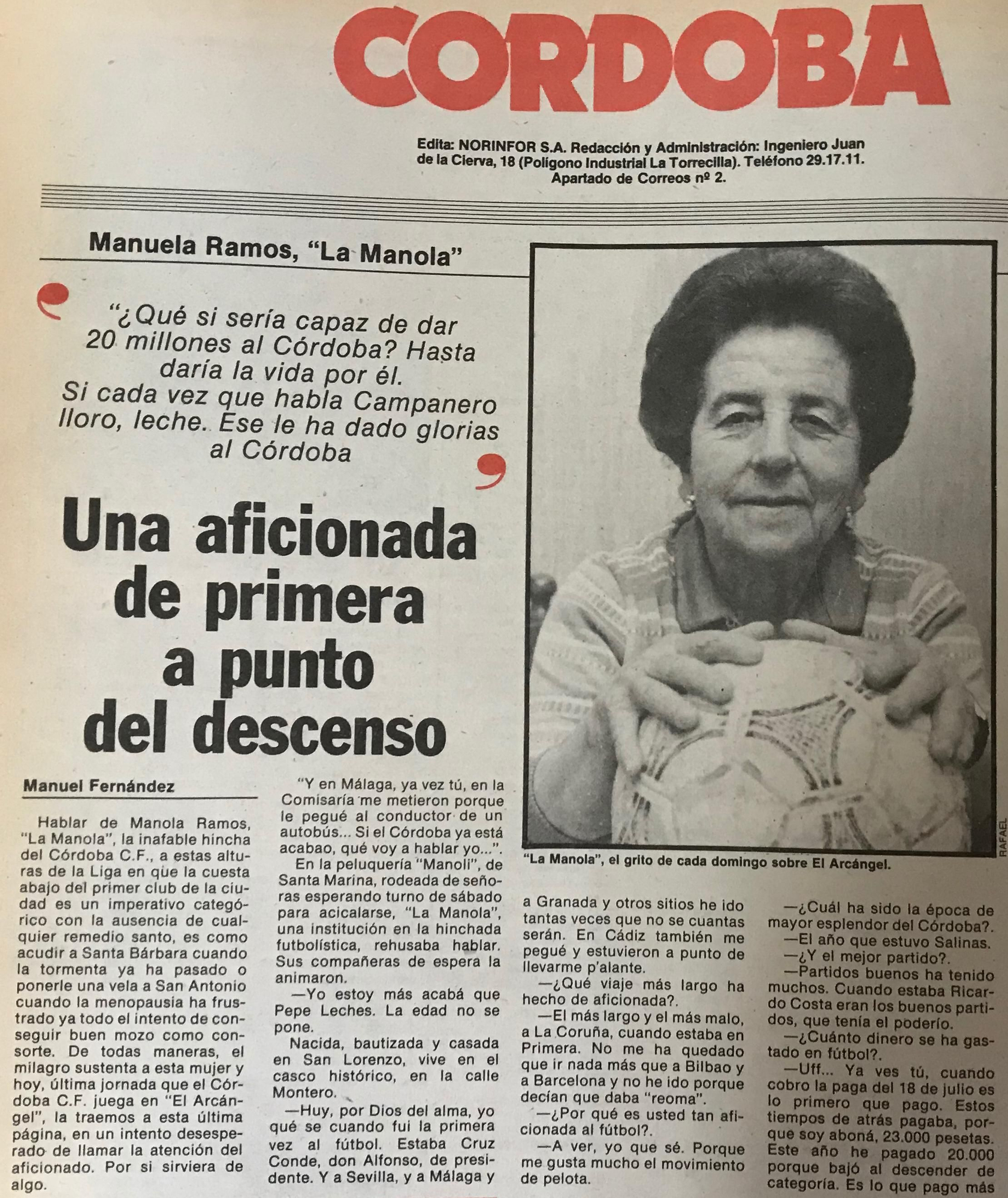 Entrevista en Diario Córdoba a &quot;La Manola&quot;, célebre aficionada de la época.