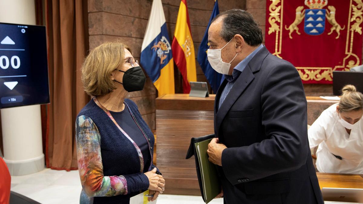 El consejero de Sanidad, Blas Trujillo, junto a la portavoz del colectivo canario de covid persistente, María Inmaculada Pérez