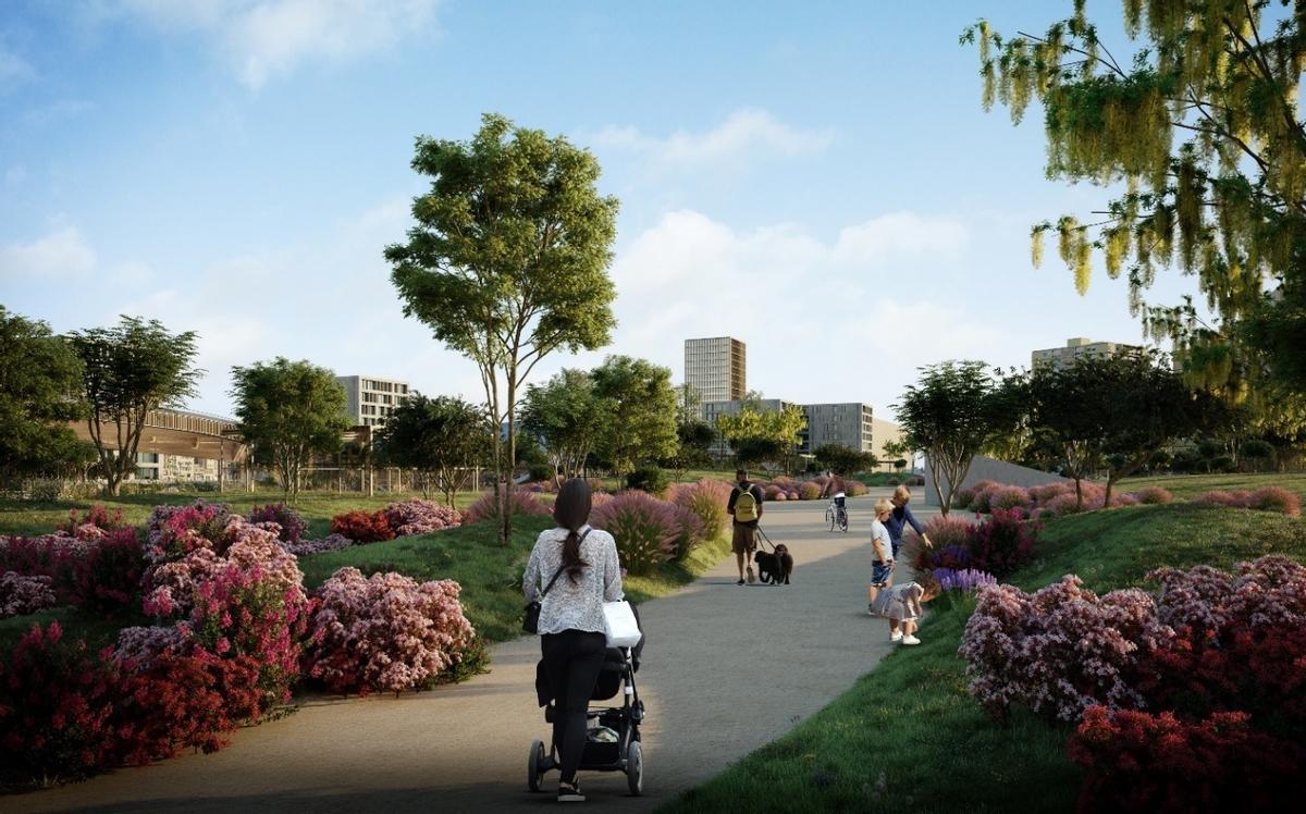 Recreación del futuro parque lineal en torno a la futura estación de la Sagrera, en Barcelona.