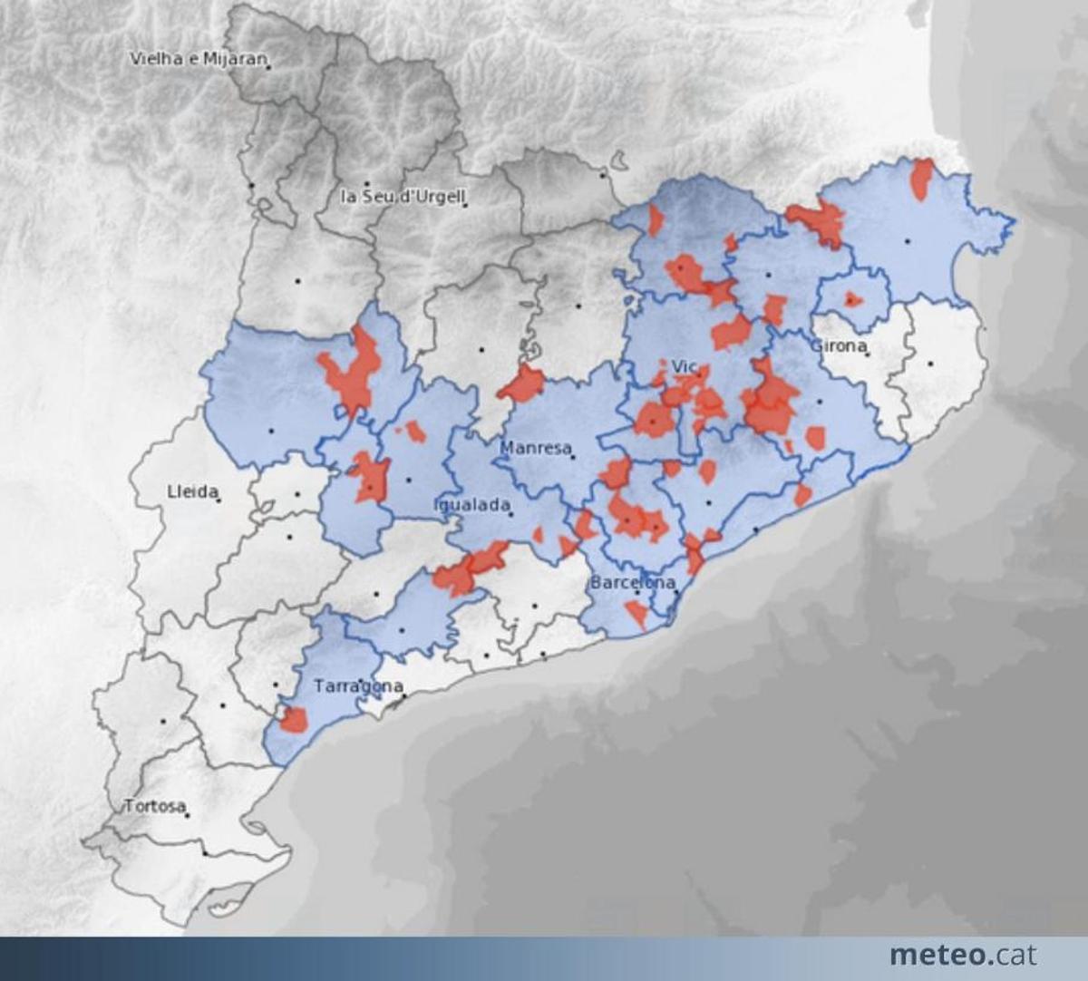Mapa de l'observacions de neu captades aquest migdia a Catalunya