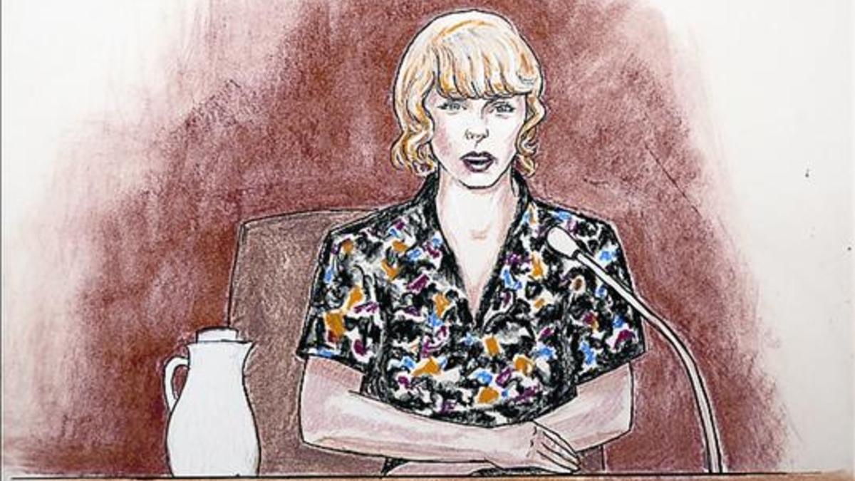Dibujo de Taylor Swift, en el juicio, y una imagen reciente de la cantante.