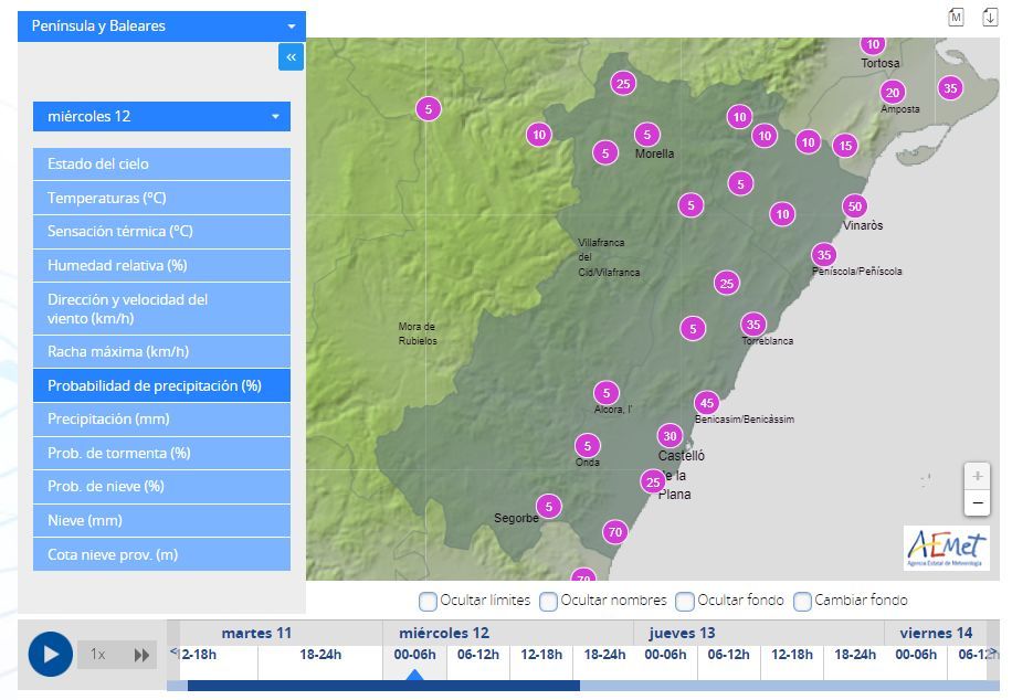 Probabilidad de lluvia en Castellón entre las 6.00 y las 12.00 horas.