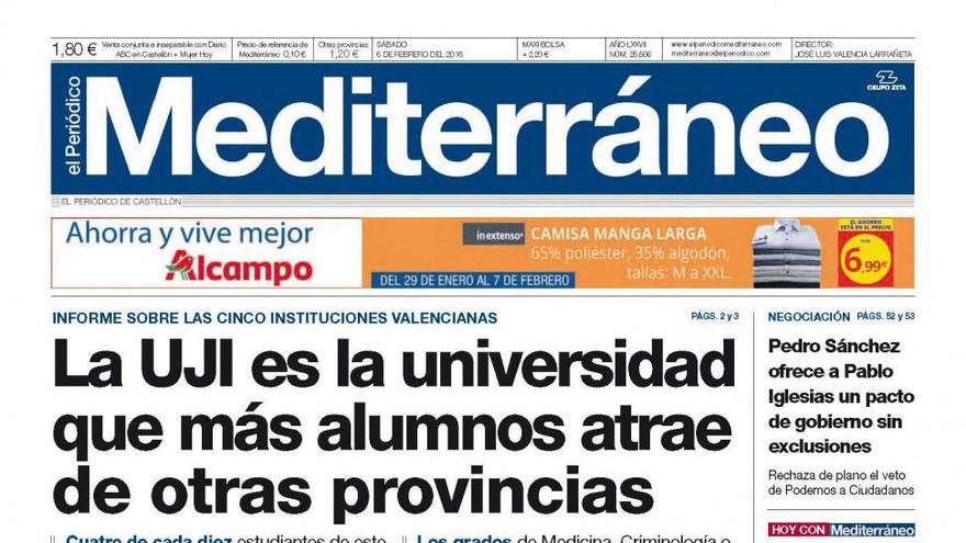 La UJI es la universidad que más alumnos atrae de otras provincias, hoy en la portada de El Periódico Mediterráneo