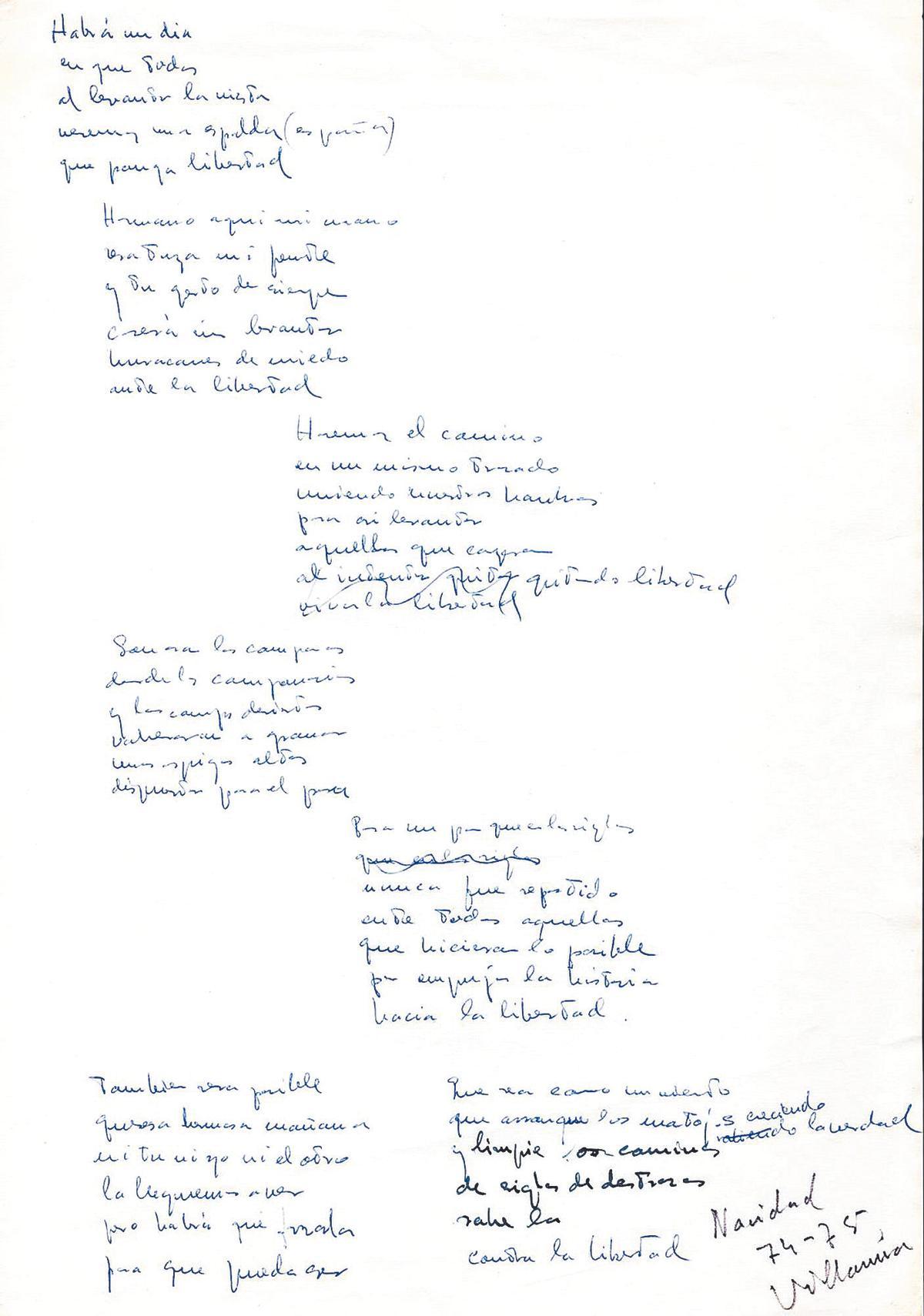 El manuscrito del 'Canto a la libertad', que se puede ver en la Fundación Labordeta.