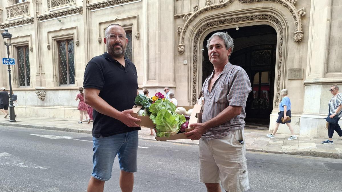 Los representantes de Unió de Pagesos posan con una caja de producto local frente al Consell.
