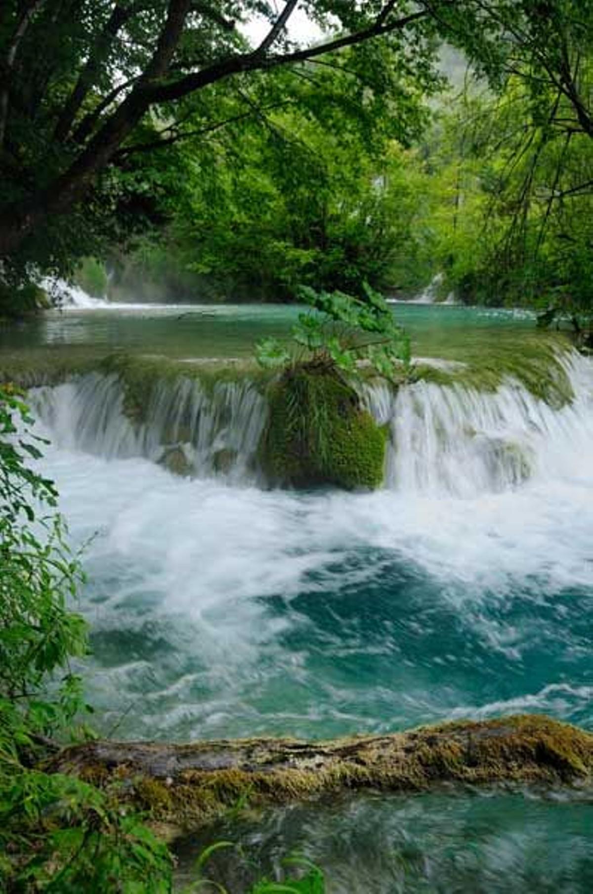 Cascada Milke Trnine, pequeña y ancha, en el Parque Nacional de los Lagos de Plitvice.