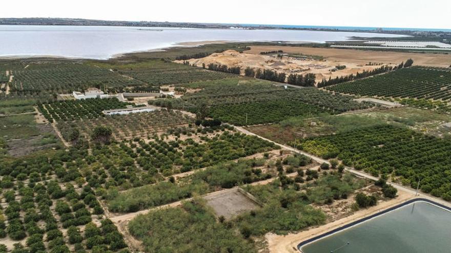 Vista aérea de los terrenos propuestos por OHL con la laguna de Torrevieja situada al fondo.