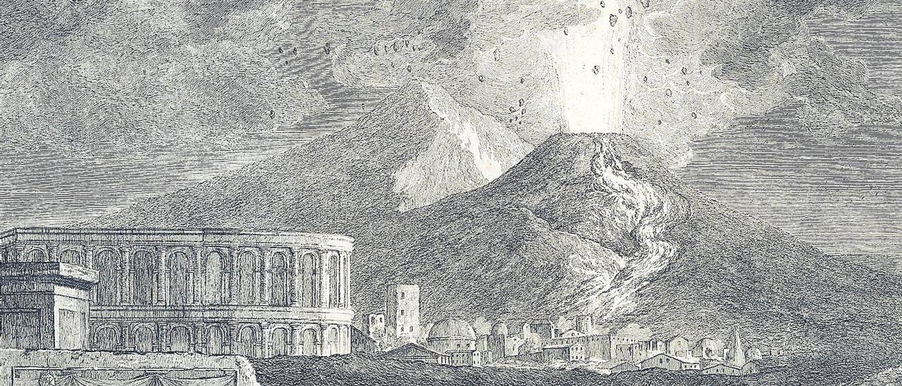 Dibujo de la erupción del Vesubio en el año 79 d.C.