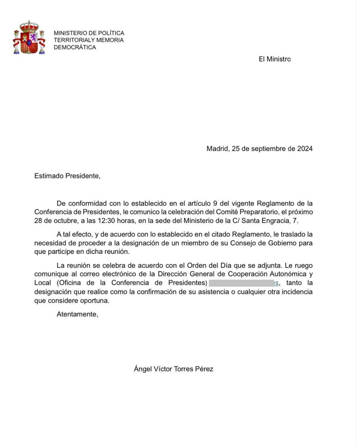 La carta enviada por Ángel Víctor Torres a las comunidades autónomas.