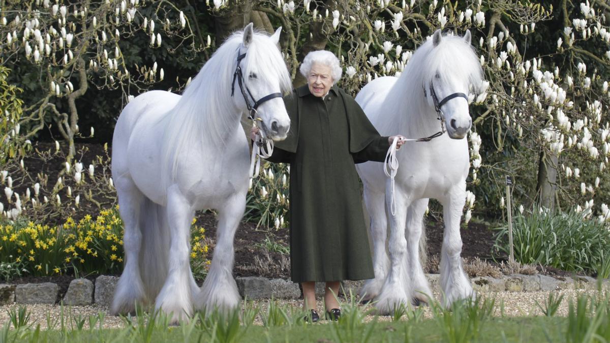 Una foto de la reina Isabel II publicada por The Royal Windsor Horse Show para conmemorar su 96 cumpleaños. La reina Isabel II sostiene a sus ponis Fell, Bybeck Nightingale (derecha) y Bybeck Katie.