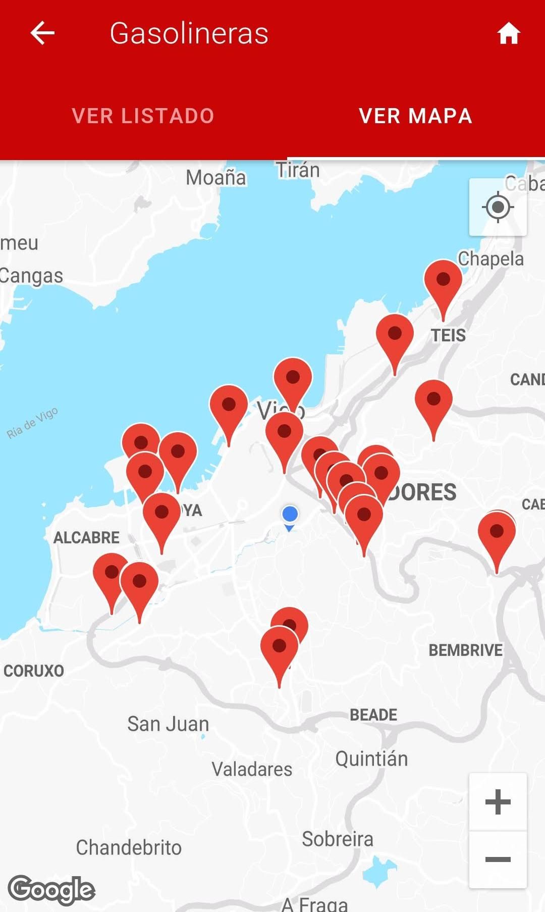 Captura del mapa de gasolineras que ofrece la aplicación móvil &quot;Vigo&quot;.