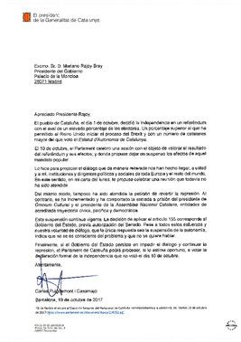 Segona carta de Puigdemont a Rajoy.
