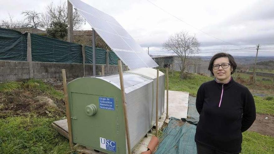 María José Tallón, ayer, en su huerta junto a las placas solares ya instaladas. // Bernabé/Javier Lalín