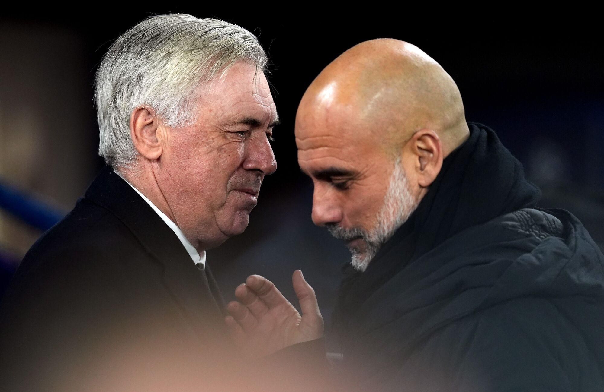 11 February 2025, United Kingdom, Manchester: Real Madrid manager Carlo Ancelotti (L) greets Manchester City manager Pep Guardiola during the UEFA Champions League intermediate round first leg soccer match between Manchester City and Real Madrid at the Etihad Stadium. Photo: Martin Rickett/PA Wire/dpa 11/02/2025 ONLY FOR USE IN SPAIN. Martin Rickett/PA Wire/dpa;Sports;soccer;football;sports;UEFA Champions League - Manchester City vs Real Madrid;