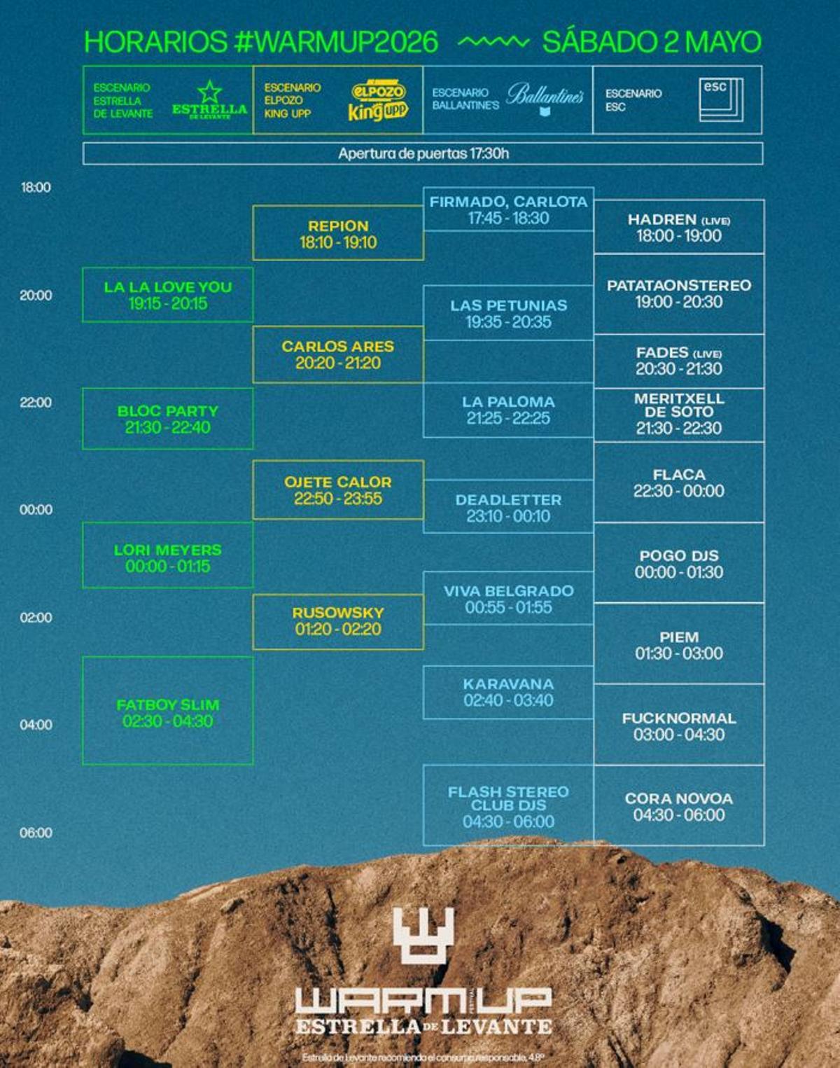 Horarios del Warm Up 2026 el sábado