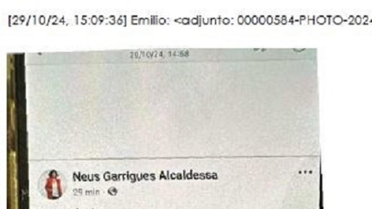 Recorte del pantallazo del mensaje remitido por Emilio Argüeso a las 15.09 al subdirector de Emergencias el 29-O.