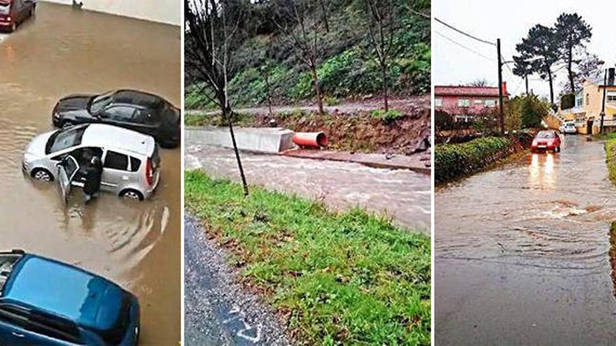 Una vecina intenta entrar en su coche en Perillo; Tubería sin poner junto al río Gándara, al límite; Bartolomé de las casas, con la calle inundada.